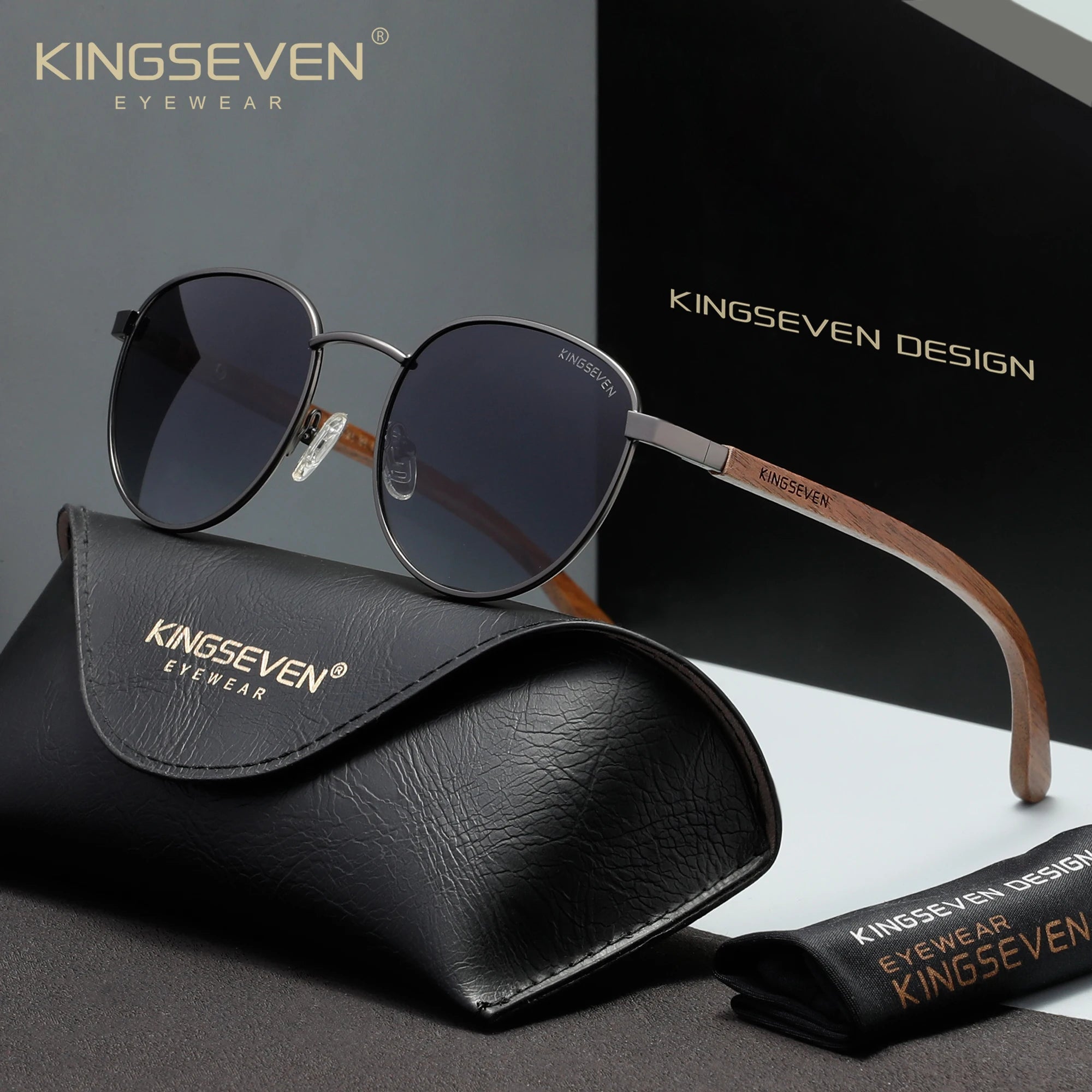 Gafas de Sol Retro de Madera KINGSEVEN, Polarizadas, para Hombre y Mujer, Gafas de Moda con Protección UV400, para Conducir al Aire Libre, de Nogal, de Lujo, con Montura Redonda