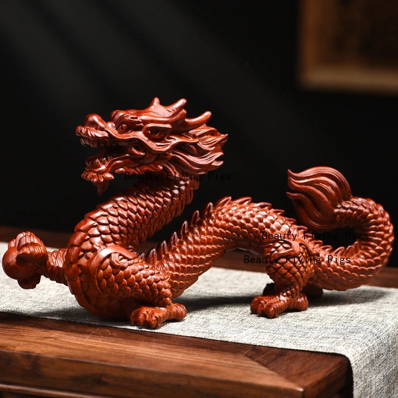 Adorno de dragón de madera maciza, adornos tallados en madera, decoración del hogar, estatua de dragón del zodiaco de estilo chino, animales simulados, 1 ud.