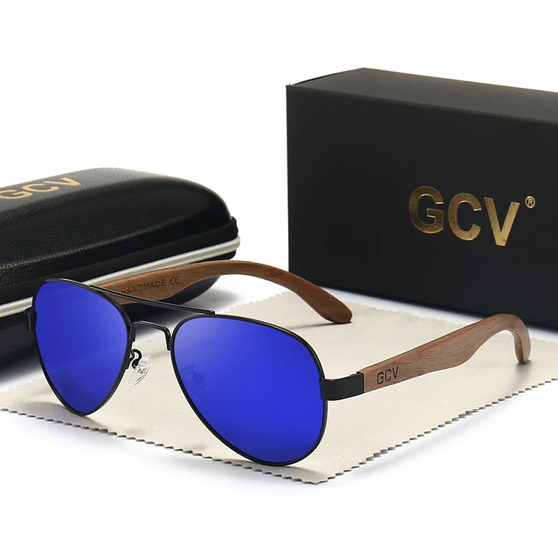 GCV-gafas de sol polarizadas hechas a mano para hombre, lentes de piloto de madera, protección UV400, espejo, nogal, G369, novedad de 2022