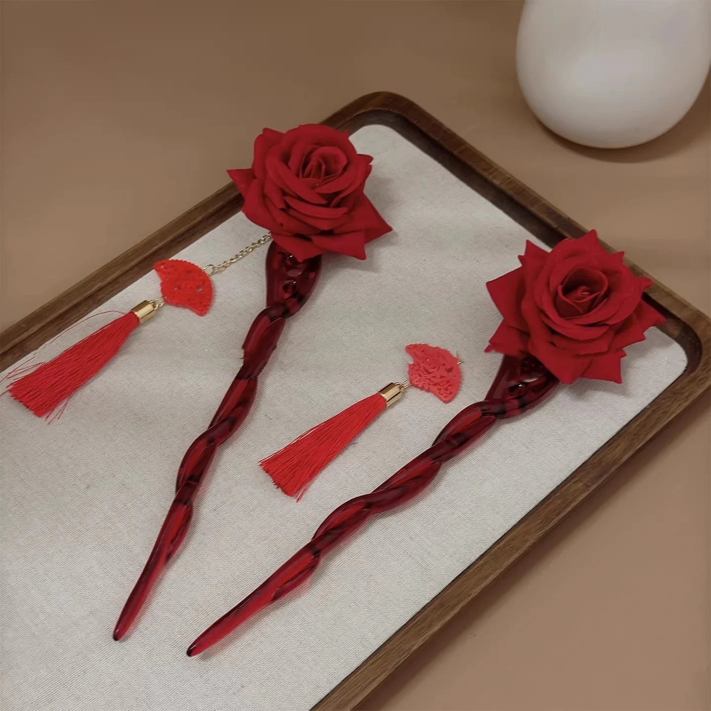 Horquilla con Borla de Flor Roja de Año Nuevo para Mujer, Estilo Nuevo, Estilo Chino, Horquilla de Alta Gama, Tocado Hanfu