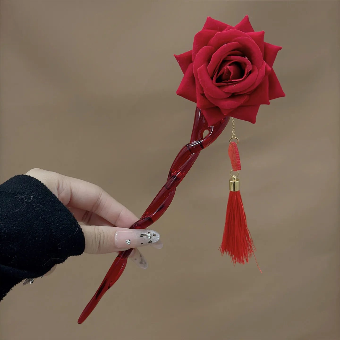 Horquilla con Borla de Flor Roja de Año Nuevo para Mujer, Estilo Nuevo, Estilo Chino, Horquilla de Alta Gama, Tocado Hanfu