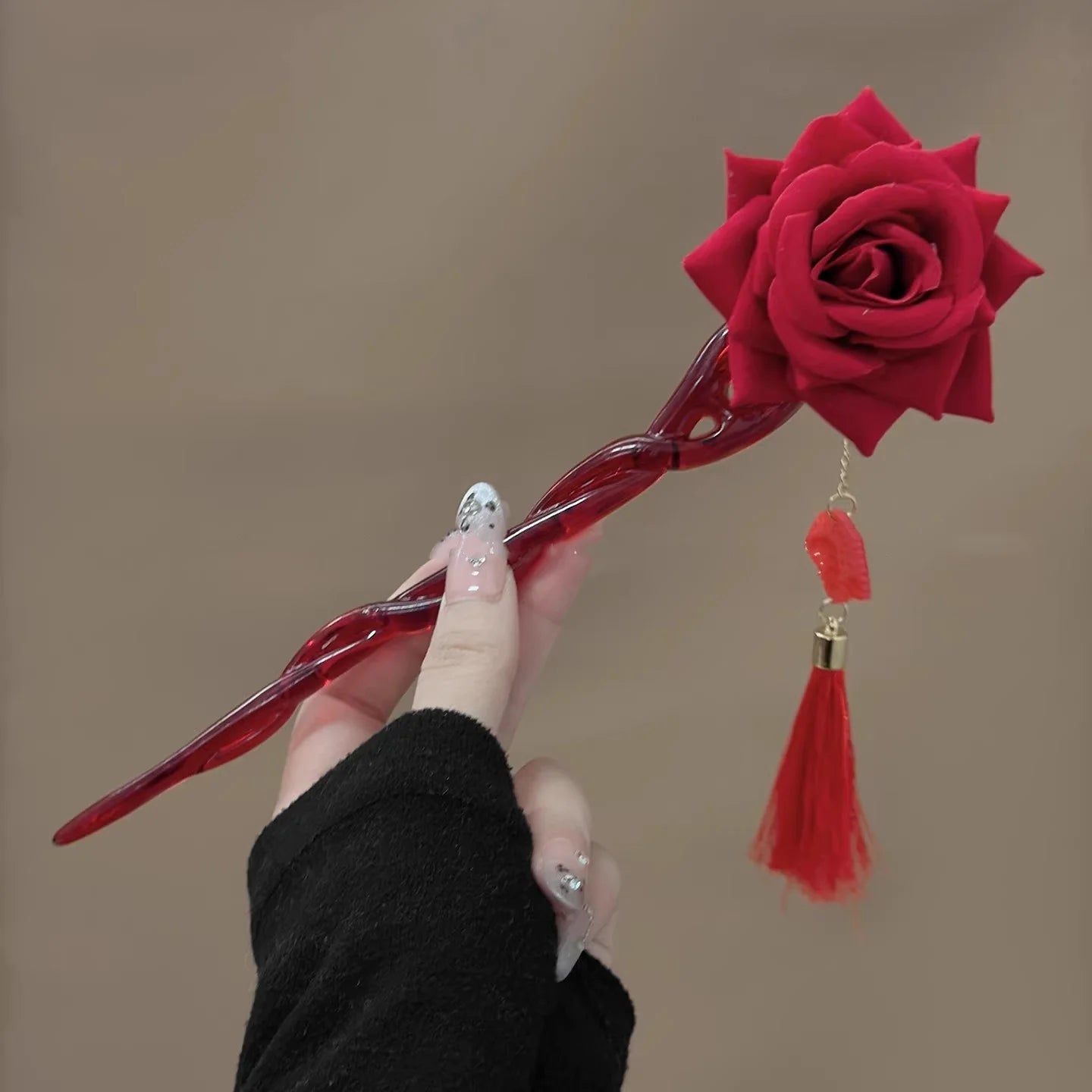 Horquilla con Borla de Flor Roja de Año Nuevo para Mujer, Estilo Nuevo, Estilo Chino, Horquilla de Alta Gama, Tocado Hanfu