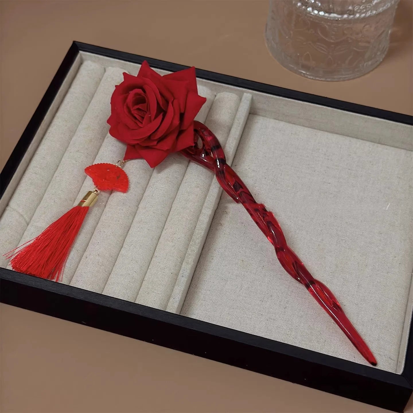 Horquilla con Borla de Flor Roja de Año Nuevo para Mujer, Estilo Nuevo, Estilo Chino, Horquilla de Alta Gama, Tocado Hanfu